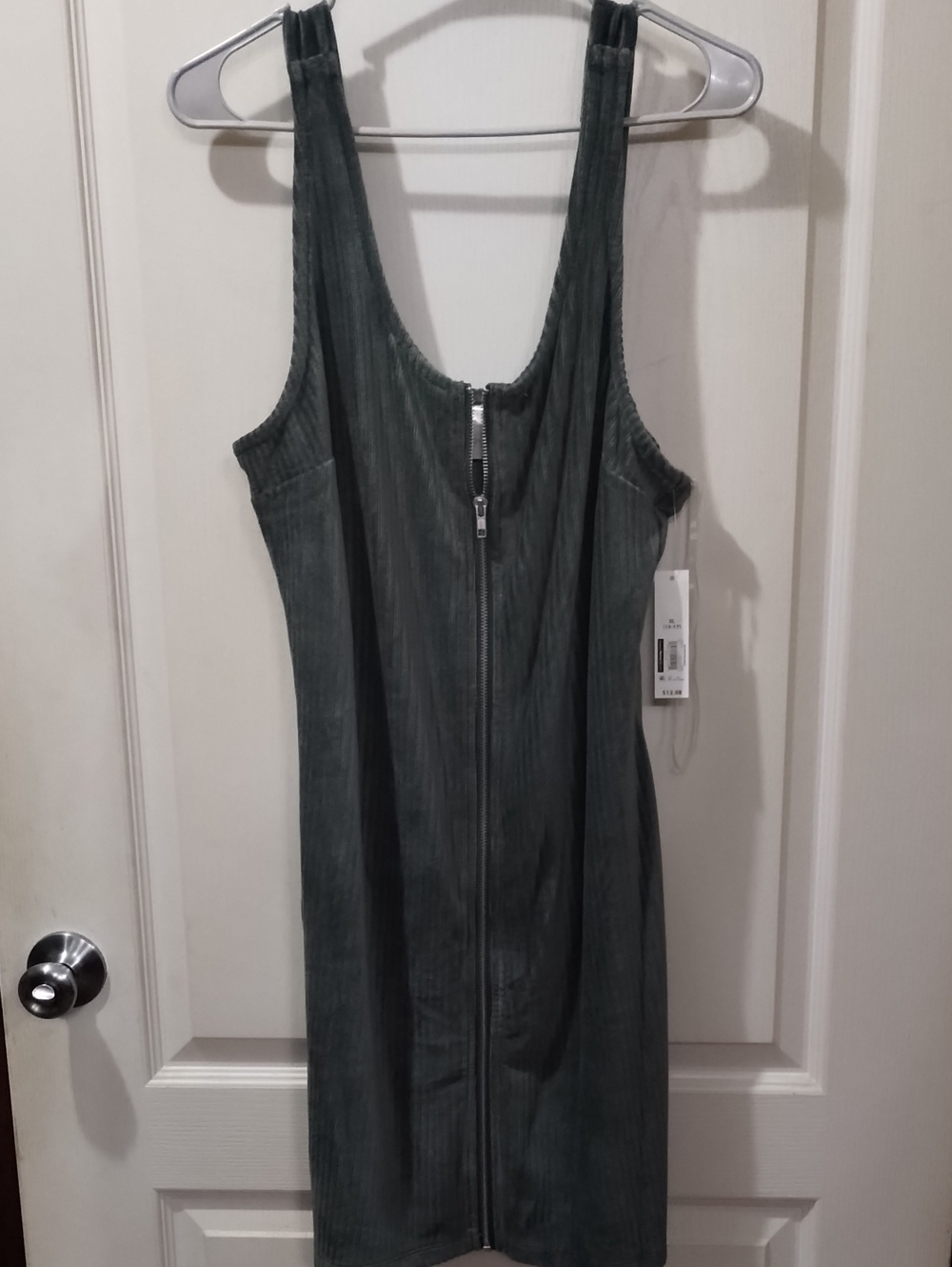 No Boundaries Dark Green Ribbed Zip-Front Mini Dress